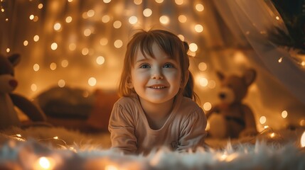 A happy child snuggles with a favorite stuffed bear in a cozy setting with warm, soft lighting.
