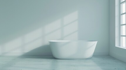 Fototapeta premium Minimalist white bathtub in a bright bathroom with large windows, casting natural light and shadows on the clean, sleek space.