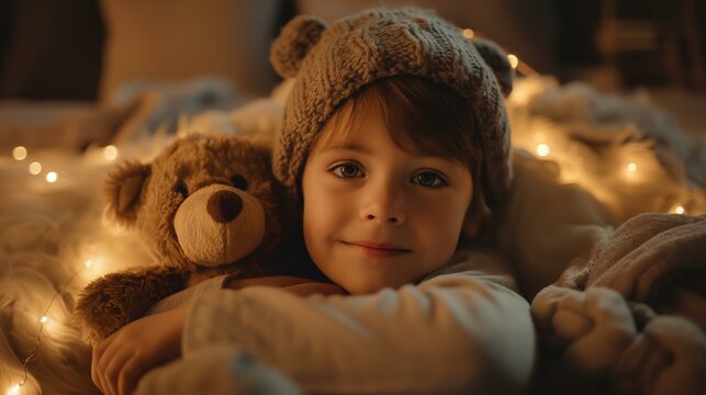 A young child snuggled up with a favorite stuffed teddy bear, wrapped in a warm blanket with soft lighting creating a cozy and comforting atmosphere.