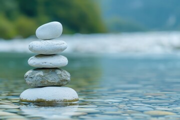 Serene image of stacked stones in calm waters, symbolizing balance and tranquility amidst a natural landscape.