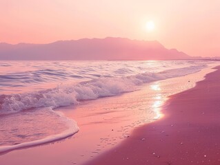 Mountain peaks adorned in vibrant hues at majestic sunrise, mist dances