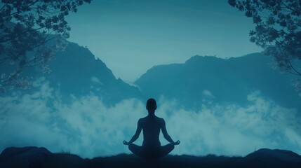 Obraz premium Silhouette of a person meditating in a tranquil mountain landscape with mist and tree branches, illustrating peace and mindfulness.