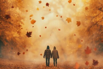 Fototapeta premium Two people holding hands and walking through a forest on a foggy autumn day, with colorful fall leaves falling around them.