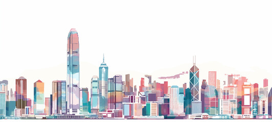 Hong kong city skyline with sleek silhouettes on white background