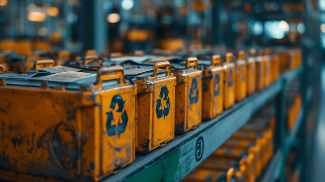 Battery Recycling: Shows battery recycling facilities and processes that recover materials to create a circular economy for clean energy storage. Modern battery storage facilities store renewable ener