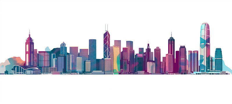 Hong kong city skyline with sleek silhouettes on white background