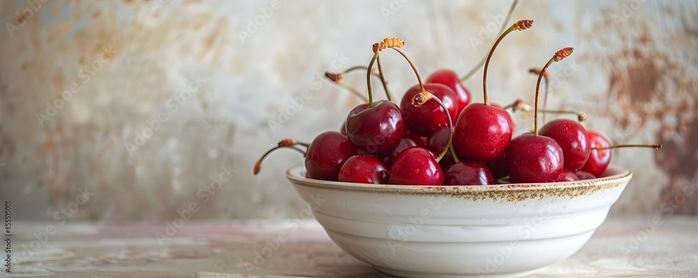 Poster a bowl of ripe red cherries with stems on a rustic wooden surface with soft focus background and cop