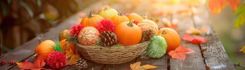 A basket of pumpkins, gourds, pinecones, and flowers on a wooden table with autumn leaves, capturing the essence of fall in warm sunlight.