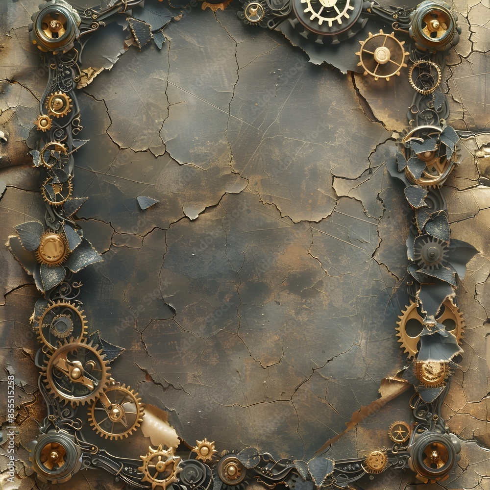 Poster steampunk mechanical frame with gears and cogs on vintage paper background