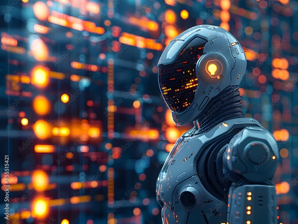Poster ai powered financial analytics with futuristic cyborg insights and data visualization