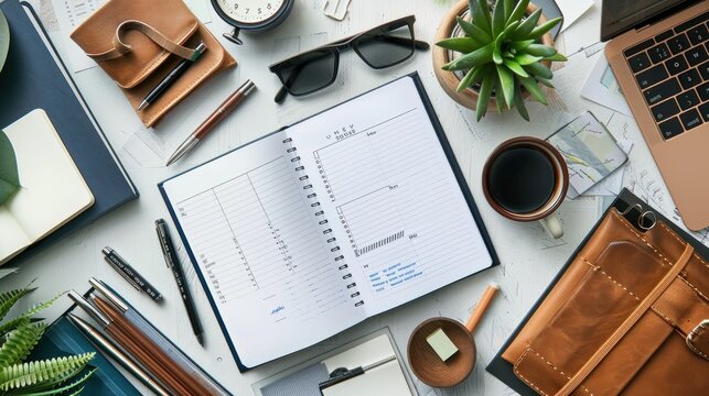 A top-down view of a desk featuring a bullet journal, pens, and other stationery items. The journal is open to a page with a detailed weekly plan, including tasks, appointments, and notes. The scene