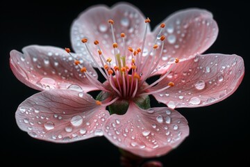 Fototapeta premium Pink Flower with Dew Drops on Black Background
