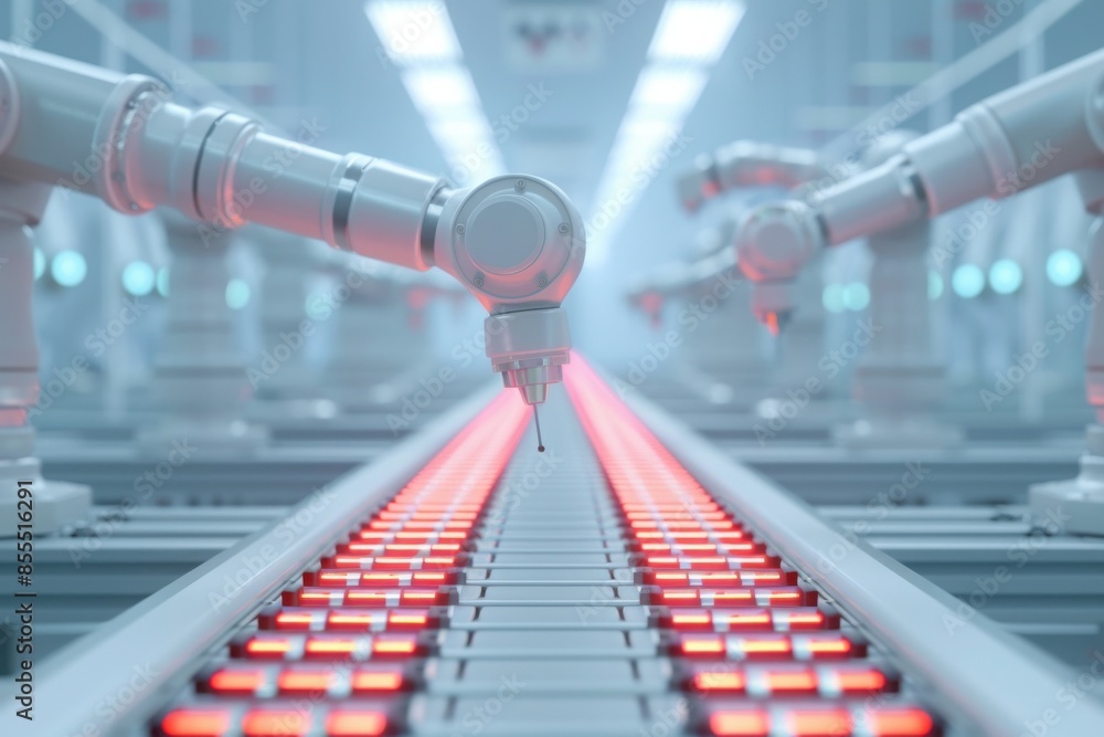 Poster robotic arms working on a futuristic assembly line illuminated with red lights, showcasing advanced 