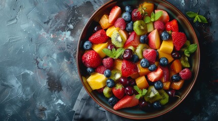Overhead shot of a fresh fruit salad in a bowl, split-complementary color scheme, raw texture, high detail and vibrant presentation