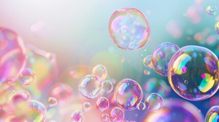 Rainbow-hued soap bubbles in various sizes, floating with a soft focus and plenty of copy space, capturing light and color