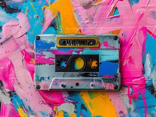 Retro cassette tape featured in a graffiti-filled scene, symbolizing the vibrant music vibe, bright colors, energetic urban art