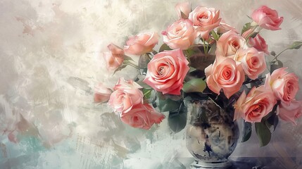 Romantic bouquet of roses in a vase, expressed in soft watercolor, with a complementary color scheme for a serene atmosphere