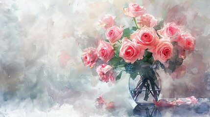 Romantic bouquet of roses in a vase, expressed in soft watercolor, with a complementary color scheme for a serene atmosphere