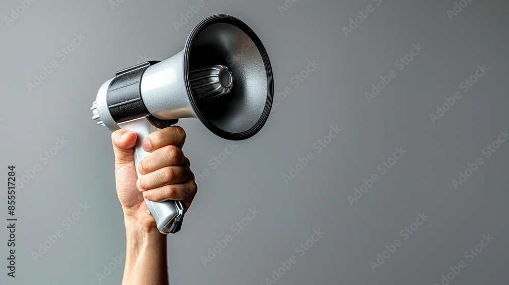 Wall mural Closeup of a hand holding a silver and black megaphone against a grey background