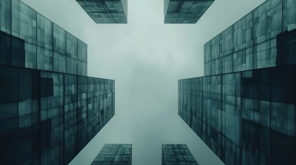 Abstract low-angle shot of modern glass skyscrapers reaching towards a cloudy sky, creating a symmetrical and futuristic cityscape.