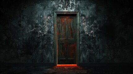 Dark mysterious wooden door with a glowing red light at its base, set against a grungy textured wall, evoking suspense and intrigue.