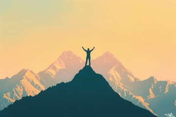 Silhouette of a person on a mountain peak with arms raised triumphantly against a scenic background of distant mountains and a golden sky.