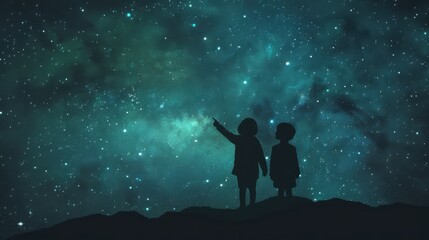 Silhouette of two children pointing at the starry night sky, capturing a moment of wonderment and exploration under a vast celestial canopy.