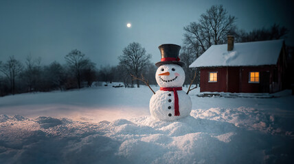 Fototapeta premium A snowman stands alone on a December night, Generative AI