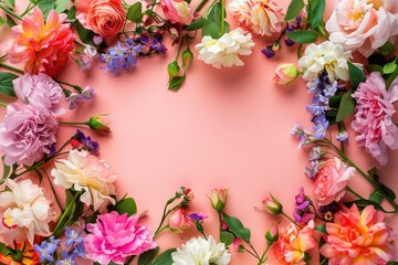 Obraz premium Beautiful blooms meticulously arranged in a frame shape against a colorful backdrop, creating an elegant and visually appealing composition perfect for various design projects.