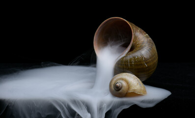 Apple snail shells with strange mist and fog pouring from shell