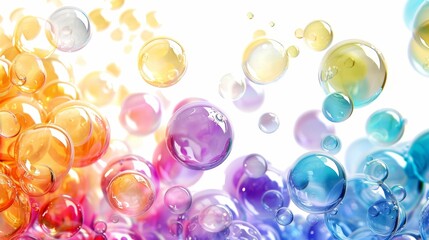 Soap bubbles of different colors with a rainbow spectrum inside, isolated on a clear background, generous copy space