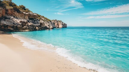 Naklejka premium Serene seascape with calm blue waters reflecting the bright blue sky, perfect for relaxing travel imagery.