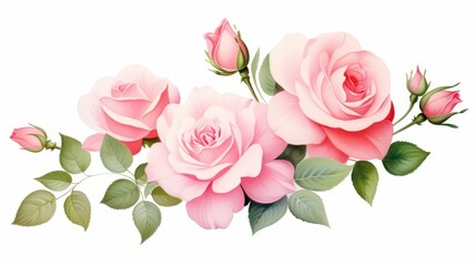 Fototapeta premium Beautiful watercolor illustration of pink roses and buds with green leaves isolated on white background. Perfect for greeting cards and invitations.