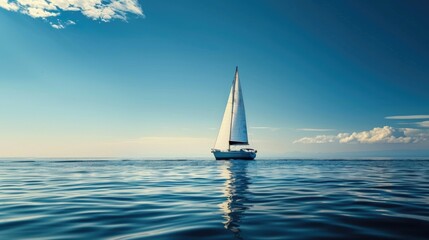 Fototapeta premium Idyllic scene of a sailboat floating on a peaceful sea under a cloudless blue sky, representing the joy of travel and adventure.