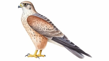 Detailed illustration of a majestic falcon in a standing pose on a white background, showcasing its unique plumage and sharp gaze.
