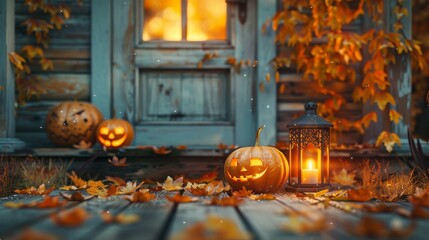 Obraz premium Autumnal Bliss on the Porch: Wooden House with Ornate Candles, Vibrant Orange Pumpkins, and Golden Leaves Creating a Warm Halloween Atmosphere