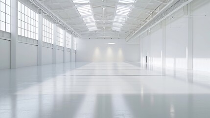 Obraz premium Spacious white warehouse with a minimalistic design and an empty, open floor plan, set against a pure white background.