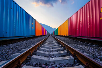 A freight train loaded with containers. Theme of logistics and cargo along railway lines.