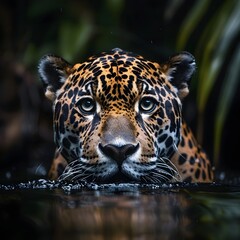 Fototapeta premium Sleek and Powerful Jaguar Swimming in River Intense Eyes Focused on Wildlife Portraits
