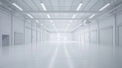 Obraz premium Spacious white warehouse with a minimalistic design and an empty, open floor plan, set against a pure white background.