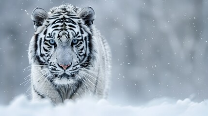 Striking White Tiger in Snowy Wilderness with Piercing Blue Eyes and Powerful Presence