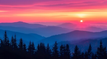 Obraz premium Breathtaking Autumn Sunset Over Majestic Mountain Range With Silhouetted Trees