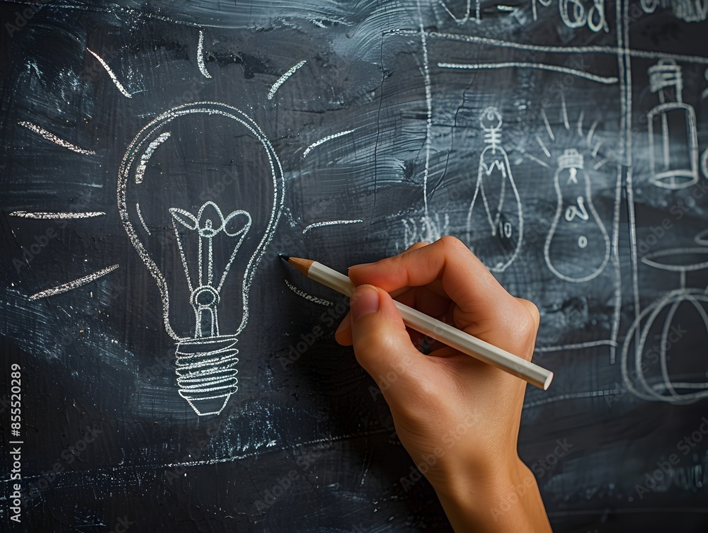 Canvas Prints person drawing lightbulb chalk on blackboard symbolizing visualizing ideas concept