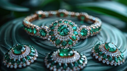 Emerald Jewelry Set on Green Background