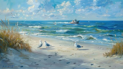 sea and beach with  green grass