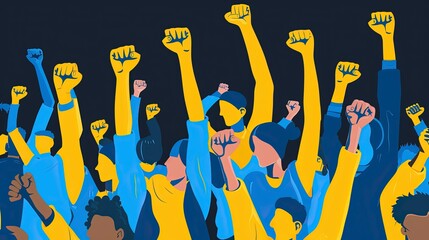 illustration political rally. various age and diverse people. wearing blue and yellow clothes. fists in the air. excitement and joy. on black studio background. generative ai
