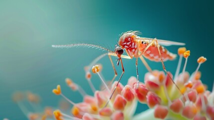 Close up of mosquito with red body, macro photography, light blue background