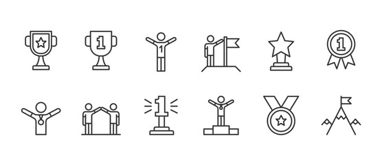 Champion, first place - flat line icons set, editable stroke, vector eps10 illustration
