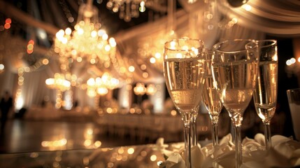 Elegant double exposure blending champagne flutes with elegant chandeliers for a sophisticated ballroom party