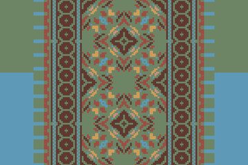 Pixel cross stitch traditional ethnic pattern paisley flower Ikat background abstract Aztec African Indonesian Indian seamless pattern for fabric print cloth dress carpet curtains and sarong
